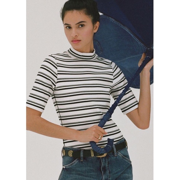 Anthropologie Tops - Nwt Anthropologie Maeve Mock Neck Top off White Black Striped Size XS new
